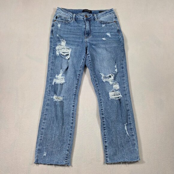 Judy Blue Jeans Womens 7/28 Blue Denim Boyfriend Fit Distressed Stretch Mid - Picture 1 of 16